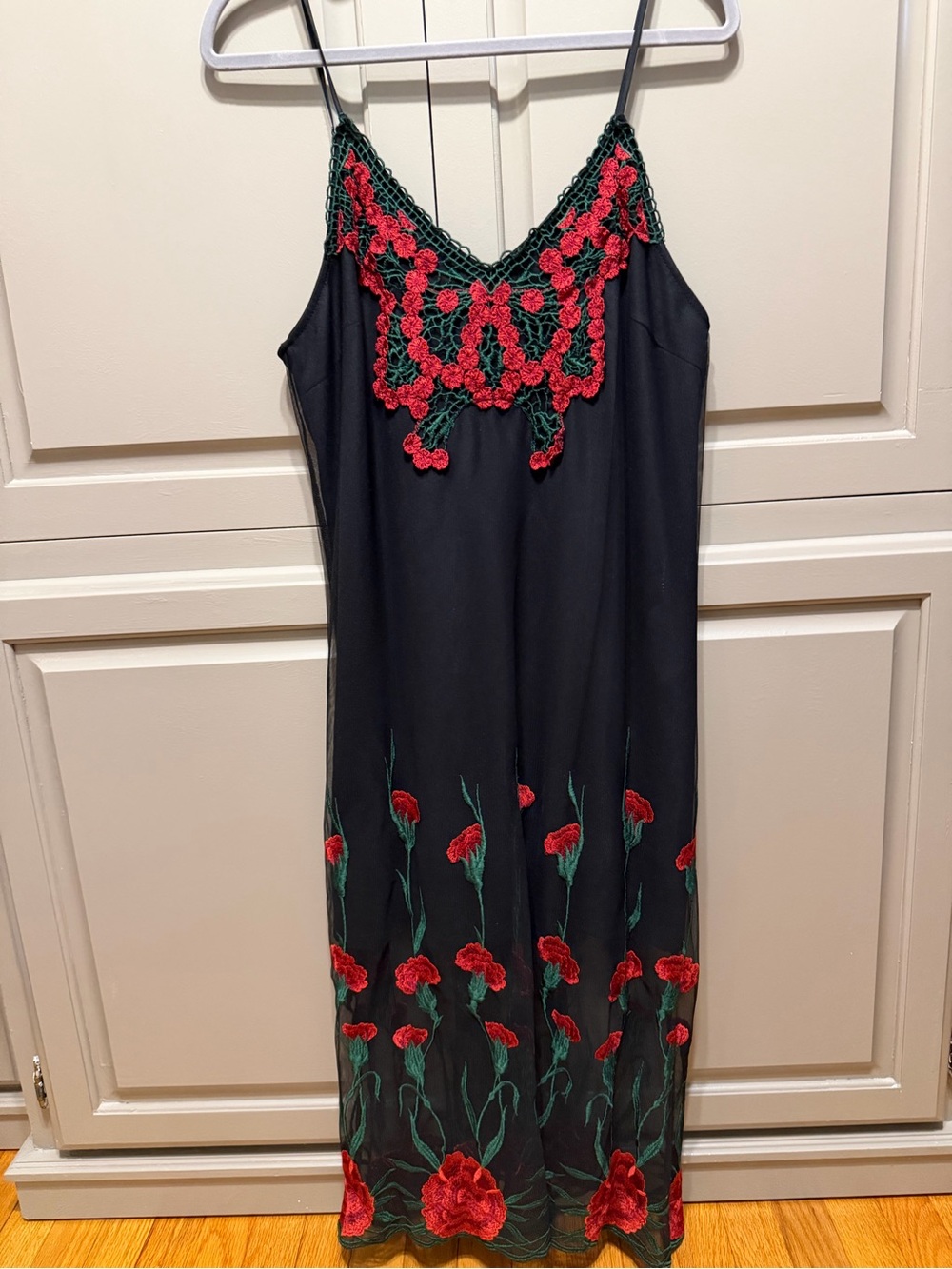 Vintage Forever 21 black Slip Dress with Red Floral Embroidery